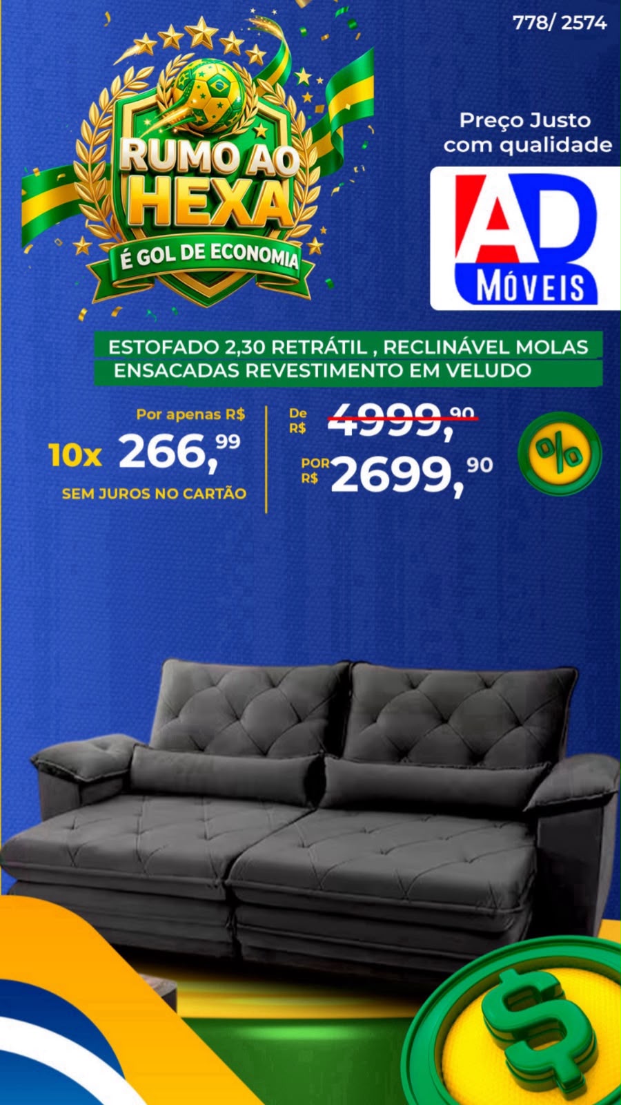 Estofado 2,30m Retrátil e Reclinável